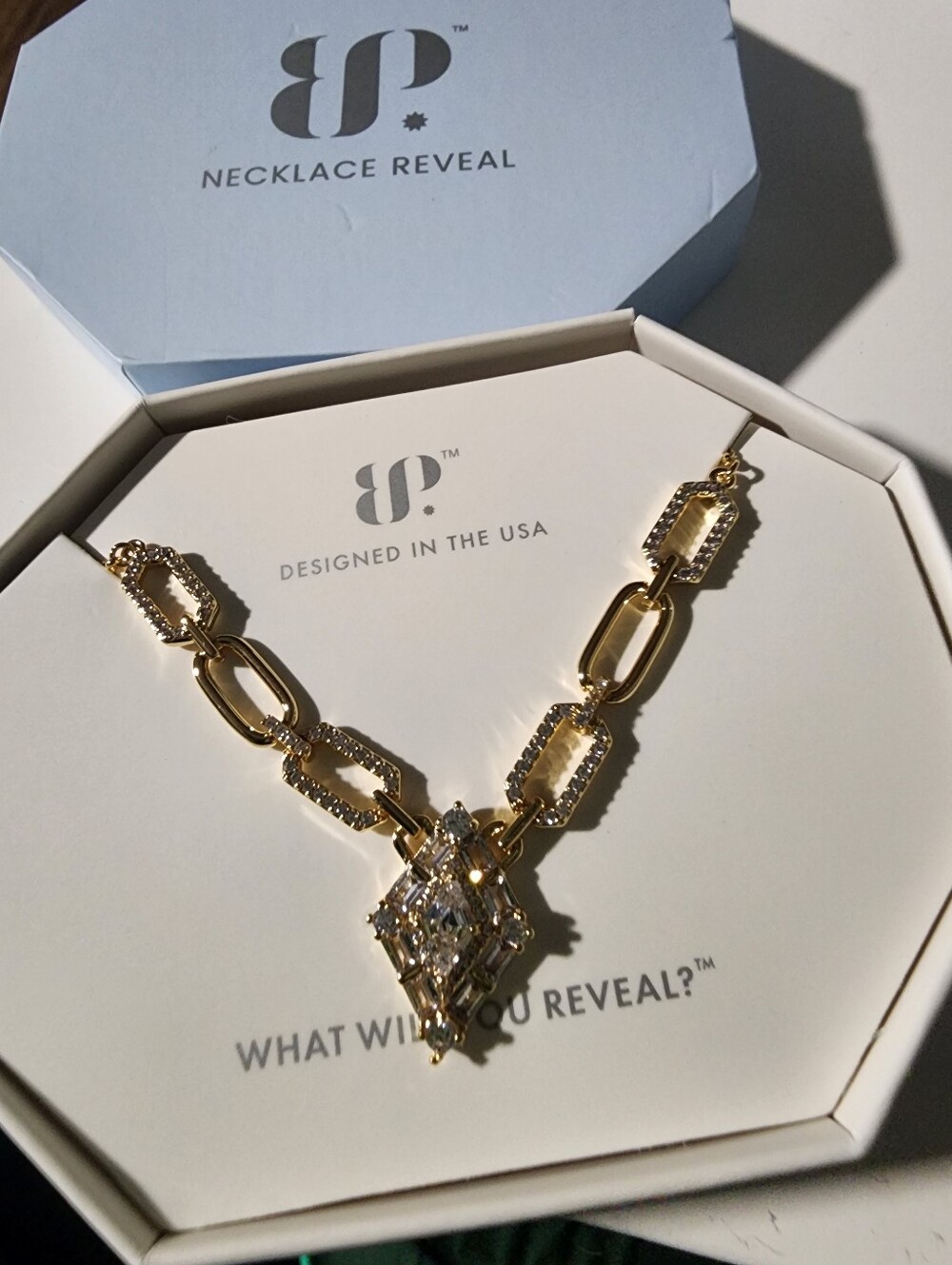 bp Gold and Clear Crystal Geometric Pendant Necklace